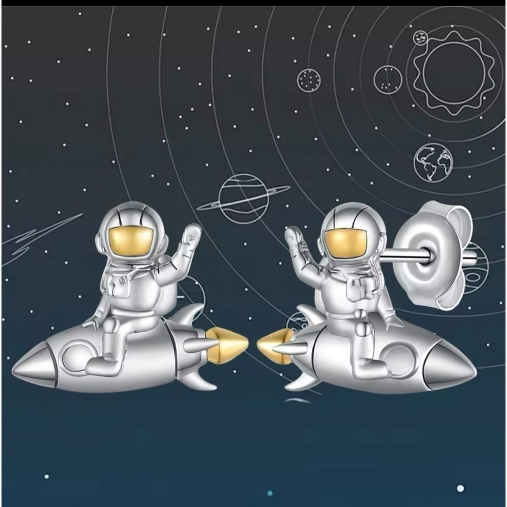 3 For $35 Sterling Silver Astronaut & Rocket Stud Earrings Spaceship Rocketman